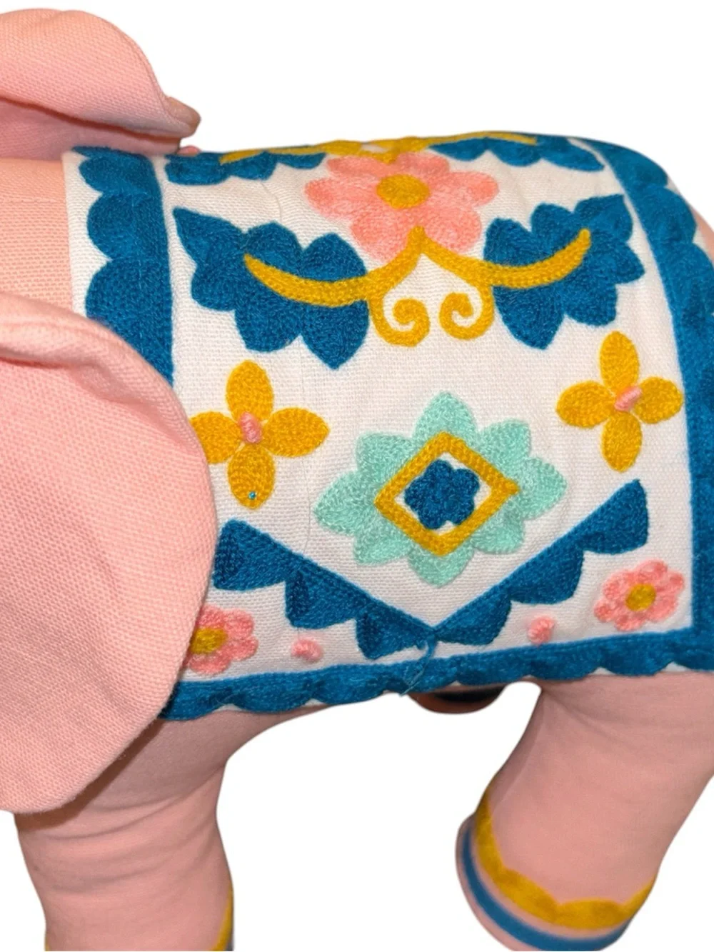 Retired Pink Embroidered Elephant Plush with Colorful Saddle